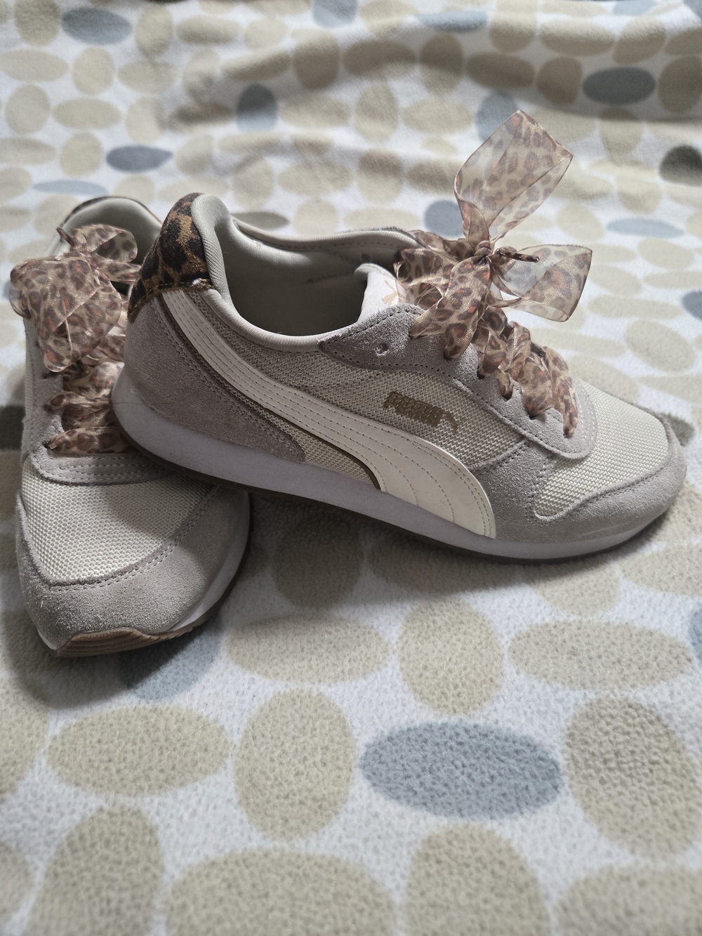 Puma Women's Cream Suede & Mesh Sneaker with Leopard-Print Ribbon